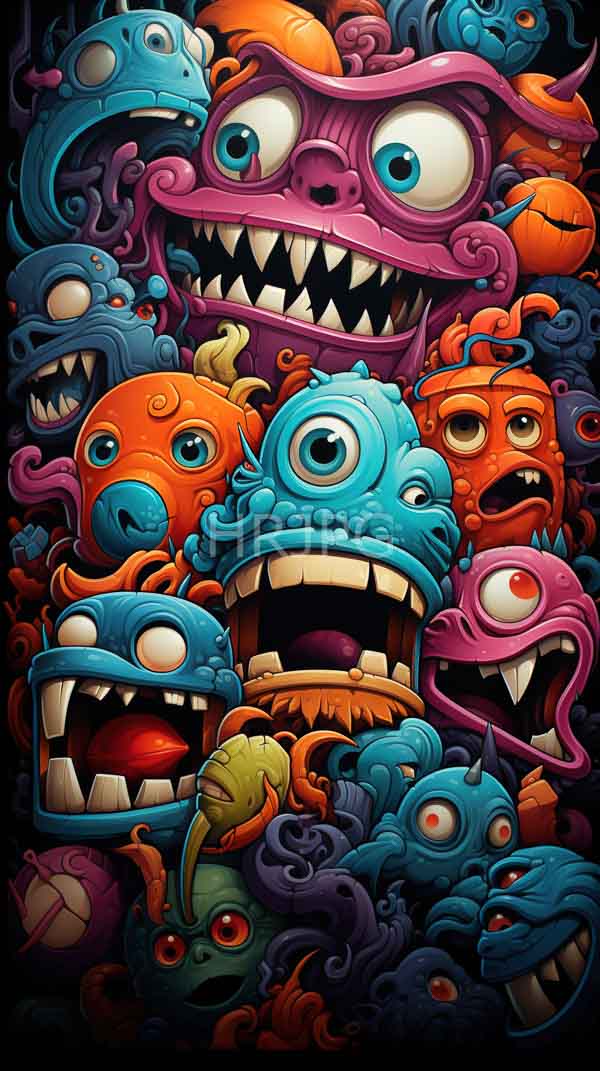 High Resolution: Intricate cartoon-style illustration features numerous colorful monsters with exaggerated features and sharp teeth crowded together in chaotic layers against a black background download. | HRJPG.com