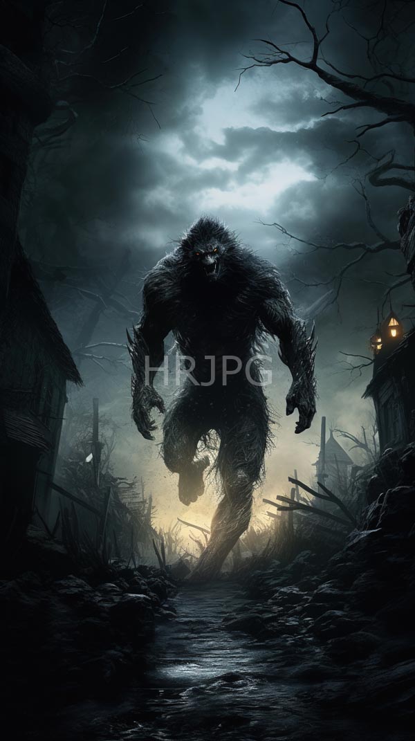 High Resolution: Dark fantasy artwork depicts an imposing werewolf-like creature with shaggy fur and sharp claws standing in ruins of abandoned buildings under a cloudy sky at sunset download. | HRJPG.com