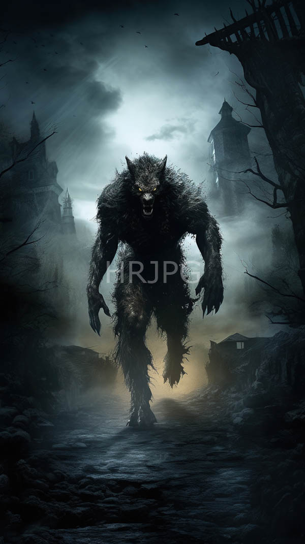 High Resolution: Intimidating muscular werewolf with glowing yellow eyes and tattered fur standing in a foggy village at night with sharp claws and bared fangs on cracked cobblestones download. | HRJPG.com
