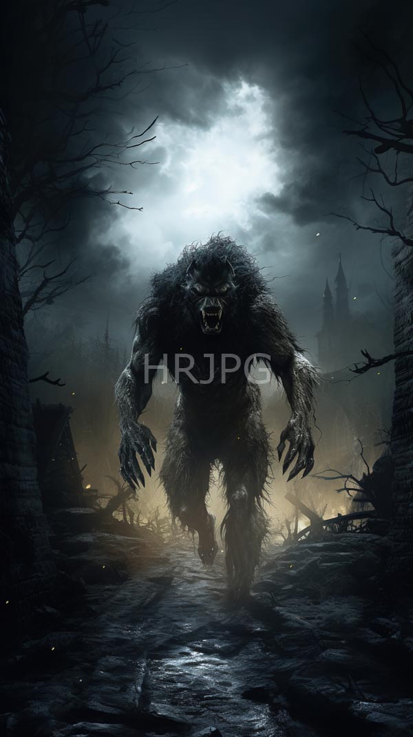 High Resolution: Intimidating muscular werewolf with dark fur and glowing red eyes stands in a foggy forest at night under moonlight with a snarling face illuminated by eerie light download. | HRJPG.com