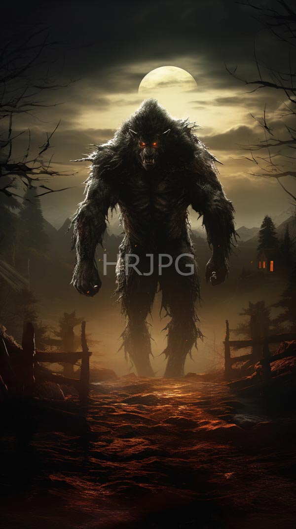 High Resolution: Intimidating muscular werewolf with dark fur and glowing red eyes stands in front of full moonlight under cloudy skies on a foggy forest path at night download. | HRJPG.com
