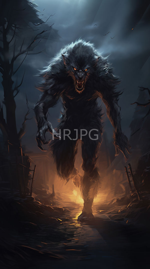 High Resolution: Intimidating muscular werewolf with glowing orange eyes stands in a foggy forest at night with sharp claws extending from its hands as it snarls menacingly download. | HRJPG.com