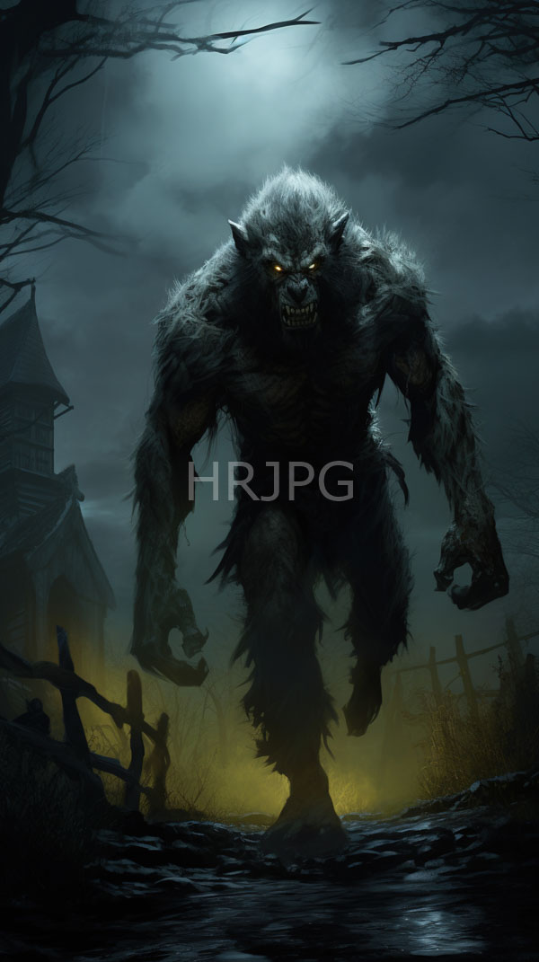 High Resolution: Intimidating muscular werewolf with glowing yellow eyes and sharp fangs under moonlight in a dark forest clearing with shaggy gray fur and tattered clothing download. | HRJPG.com