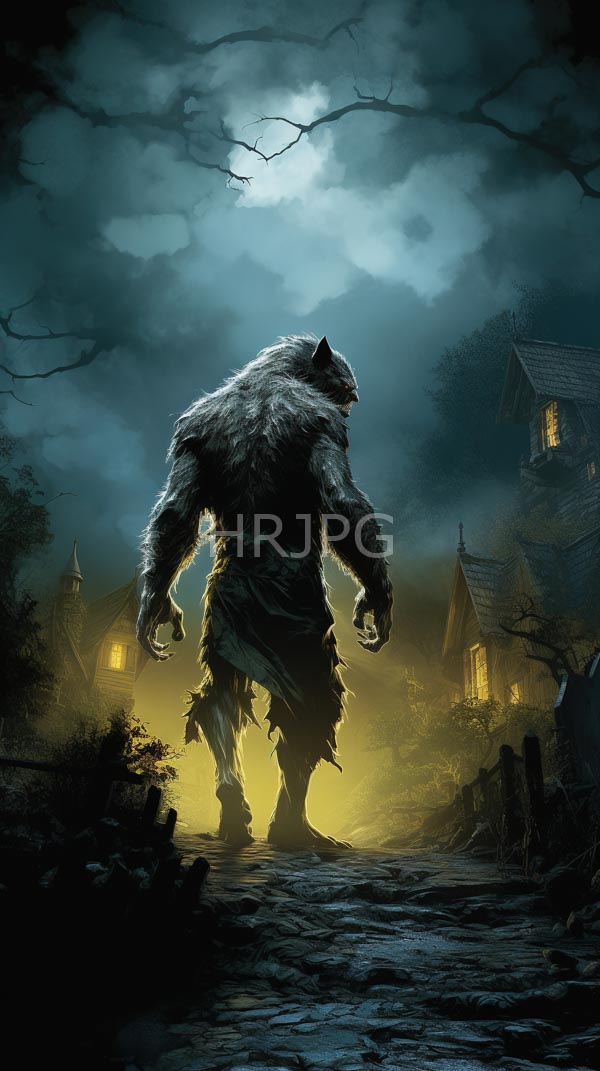 High Resolution: Imposing furry werewolf with muscular build and sharp claws stands on a cobblestone path under moonlight in front of quaint wooden houses reflecting textured fur download. | HRJPG.com
