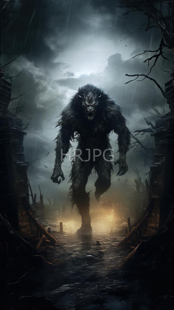 High Resolution: Dark fantasy artwork depicts an intimidating werewolf with sharp claws and snarling teeth standing in rain-soaked ruins under stormy skies at nightfall download. | HRJPG.com