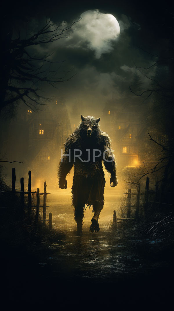 High Resolution: Imposing furry werewolf with sharp claws and horns stands in front of foggy village houses under a full moonlit sky at night with glowing yellow windows download. | HRJPG.com
