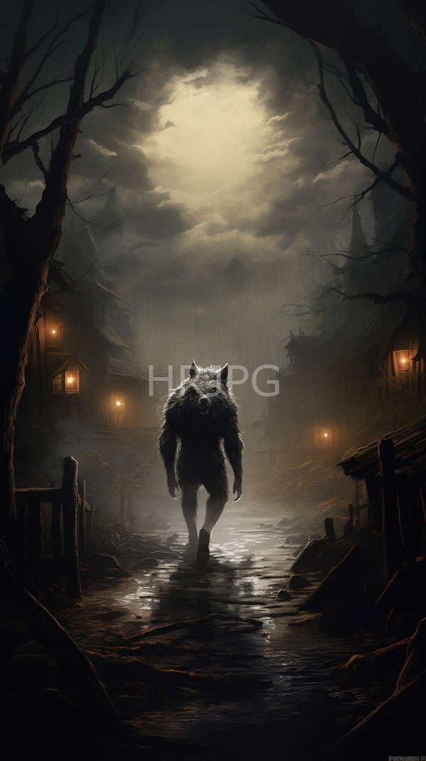 High Resolution: Eerie foggy night scene with full moonlight illuminating a large werewolf standing in the center of a wet path leading to dark wooden houses download. | HRJPG.com
