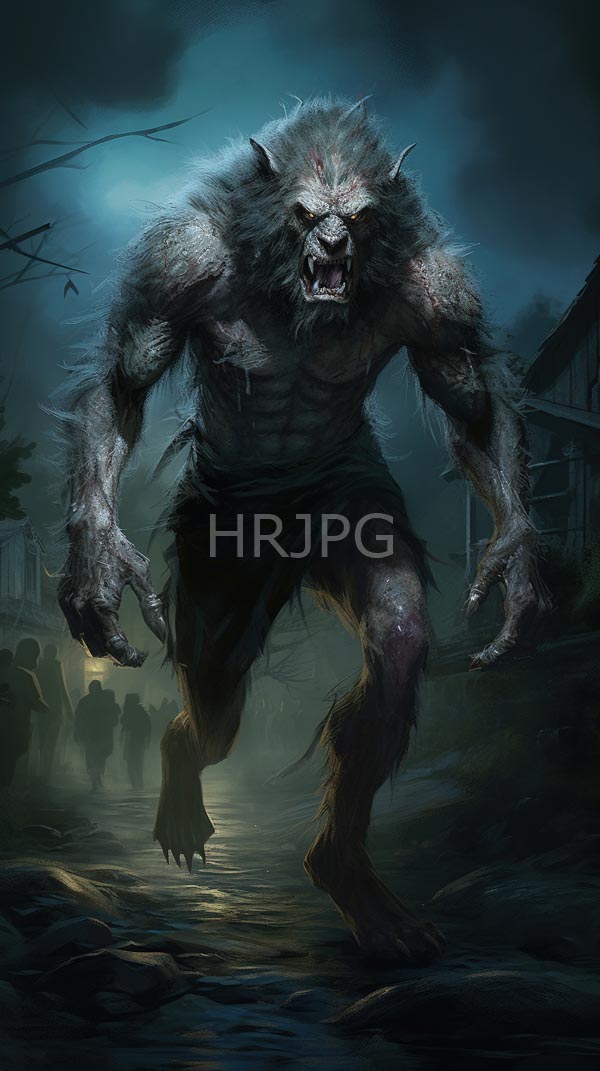 High Resolution: Intimidating werewolf with gray fur-covered skin and muscular build stands on a dark path at night under moonlight with sharp claws and fangs bared in a snarl download. | HRJPG.com