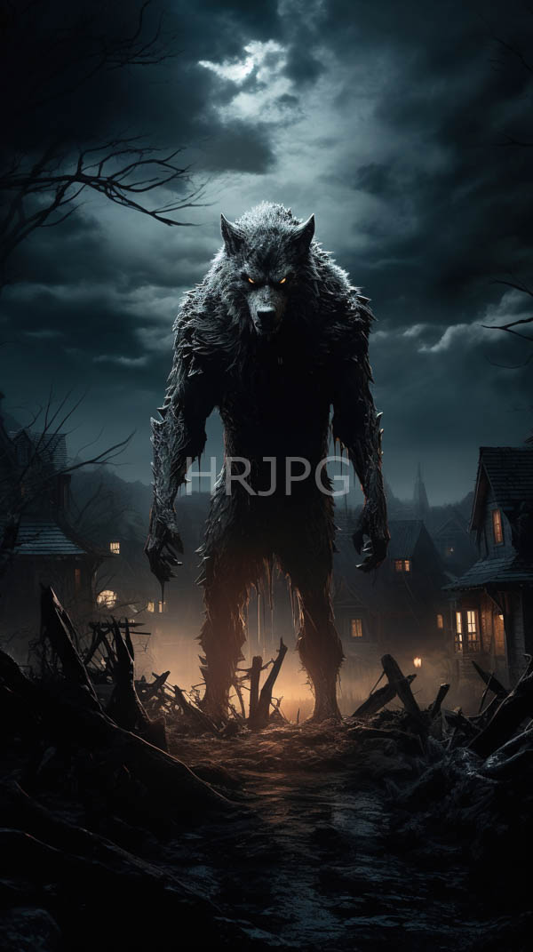 High Resolution: Intimidating muscular werewolf with glowing yellow eyes and shaggy fur stands in front of ruined houses under a dark cloudy sky at night with eerie orange light from windows download. | HRJPG.com