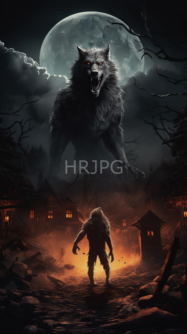 High Resolution: Eerie night scene with a towering snarling werewolf under a full moon in dark clouds above glaring menacingly at a smaller humanoid figure standing on rocky ground download. | HRJPG.com