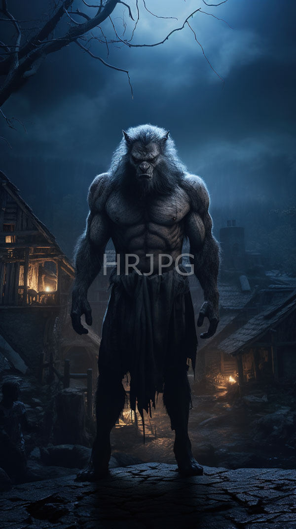 High Resolution: Imposing muscular werewolf stands in front of dim-lit medieval-style buildings at night under moonlight and misty clouds with gray fur and sharp claws download. | HRJPG.com