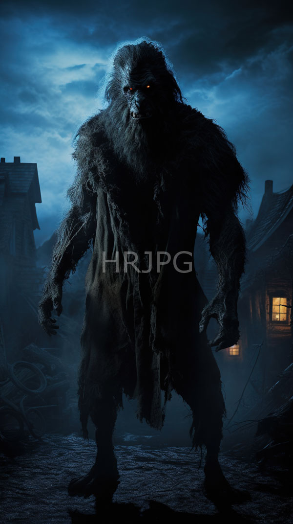 High Resolution: Intimidating humanoid werewolf stands in front of foggy village houses under moonlight with dark fur and glowing red eyes illuminated by warm yellow light from windows download. | HRJPG.com