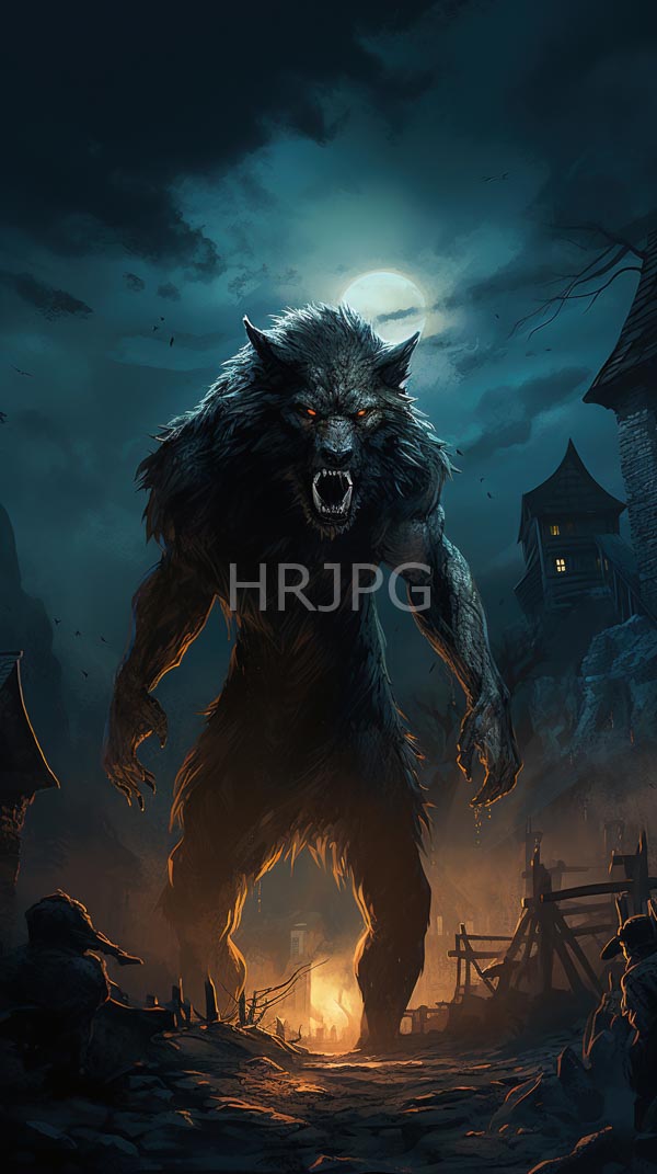 High Resolution: Enormous muscular werewolf with glowing red eyes and sharp claws stands menacingly in front of villagers under a full moonlit sky with fiery orange ground light download. | HRJPG.com