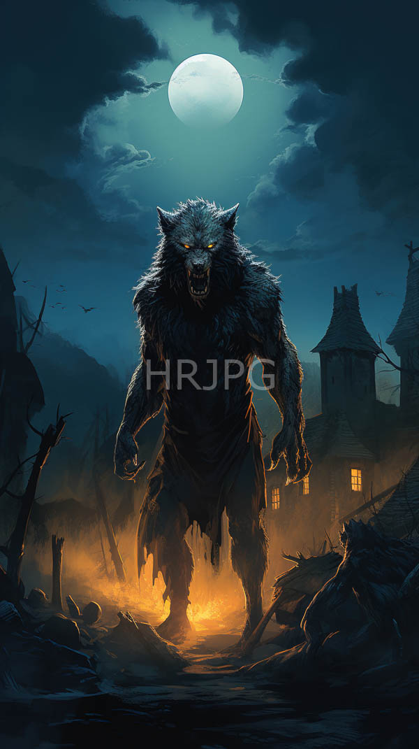 High Resolution: Intimidating muscular werewolf with glowing yellow eyes and sharp claws stands in front of ruined houses under a full moonlit sky with eerie orange ground mist and skeletal remains download. | HRJPG.com