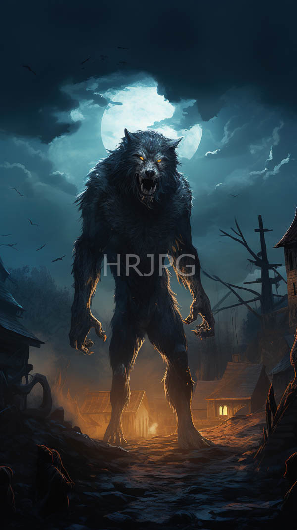 High Resolution: Intimidating muscular werewolf with glowing yellow eyes and sharp claws stands in front of dilapidated wooden houses under a full moonlit sky filled with dark clouds and flying bats download. | HRJPG.com