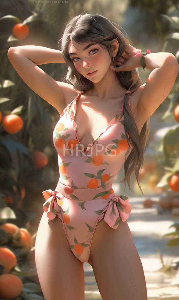 High Resolution: Attractive young woman with long brown hair wears a pink one-piece swimsuit adorned with orange and green fruit patterns with her hands behind her head in a sunlit citrus grove download. | HRJPG.com
