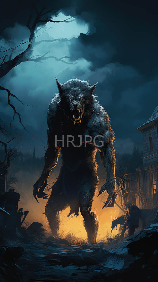 High Resolution: Intimidating muscular werewolf with glowing yellow eyes and sharp fangs stands in front of a bright orange firelight under a dark blue moonlit sky download. | HRJPG.com