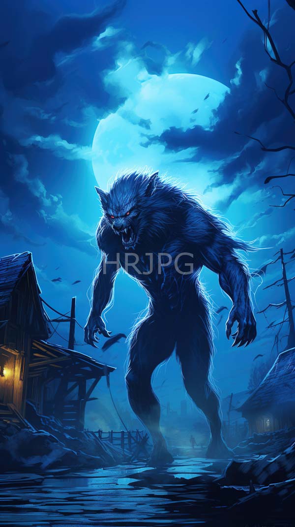 High Resolution: Intimidating muscular werewolf with blue-tinted fur and sharp claws stands in front of dilapidated wooden houses under a full moonlit sky filled with dark clouds download. | HRJPG.com