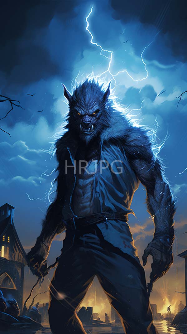 High Resolution: Imposing muscular werewolf with glowing blue lightning surrounding its head and fur stands in ruins during twilight under stormy skies with sharp teeth bared menacingly download. | HRJPG.com