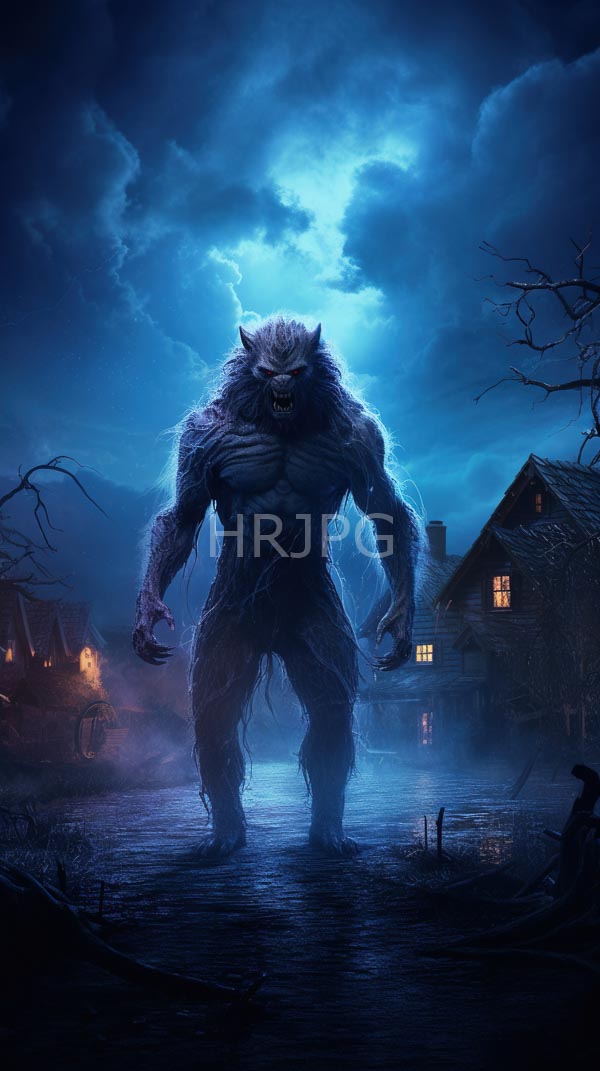 High Resolution: Intimidating muscular werewolf with sharp claws and snarling teeth stands in front of foggy village houses under a stormy blue moonlit sky with dark grayish-blue textured fur download. | HRJPG.com