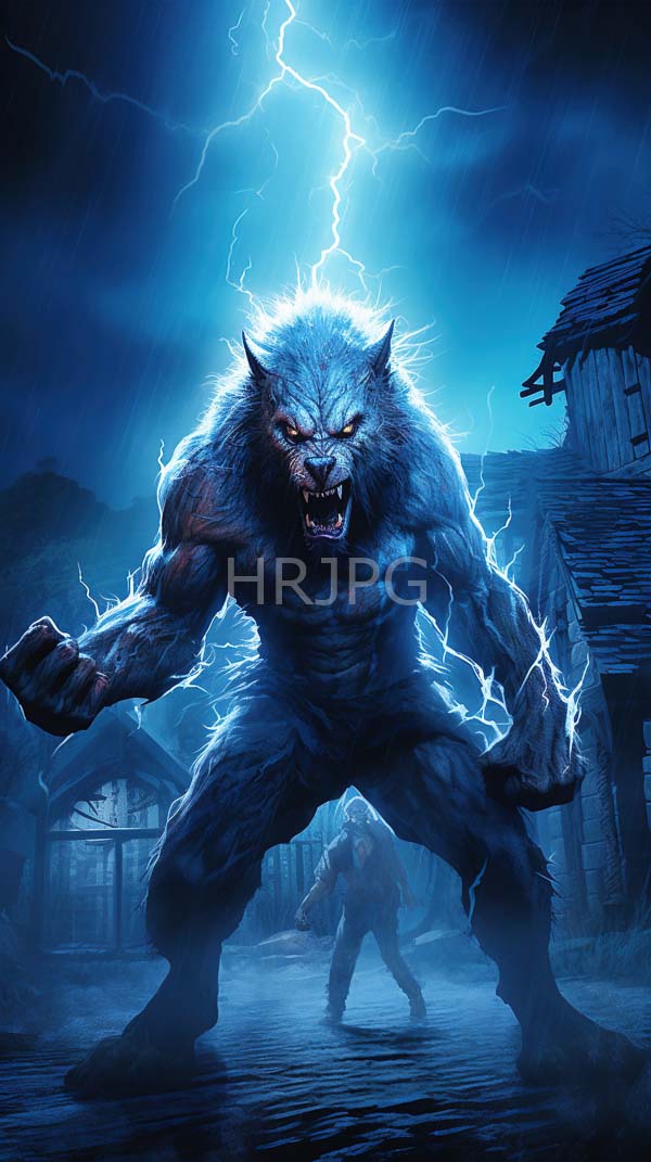 High Resolution: Intimidating muscular werewolf with glowing blue fur and sharp claws stands in front of dilapidated wooden houses during bright lightning strikes at night download. | HRJPG.com