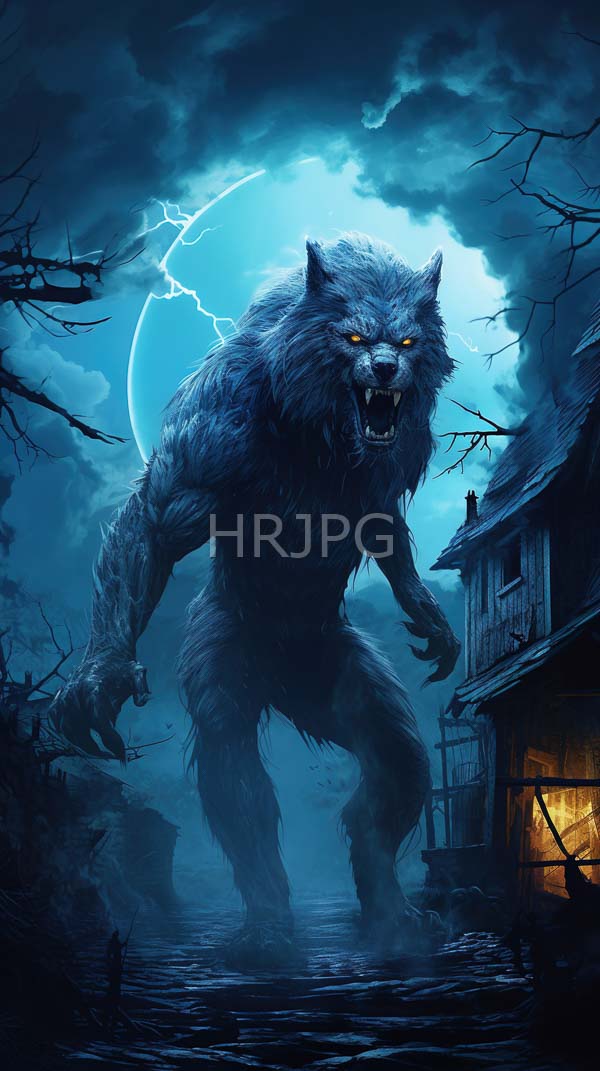 High Resolution: Enormous snarling werewolf with glowing orange eyes and dark blue fur stands in shallow water at night under a bright moonlit sky pierced by lightning bolts download. | HRJPG.com