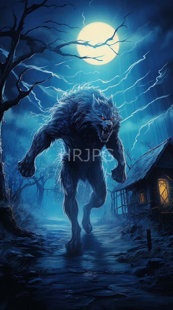 High Resolution: Intimidating muscular werewolf with dark blue fur and glowing yellow eyes under a full moon in a stormy night sky is mid-stride on a foggy path between bare trees download. | HRJPG.com