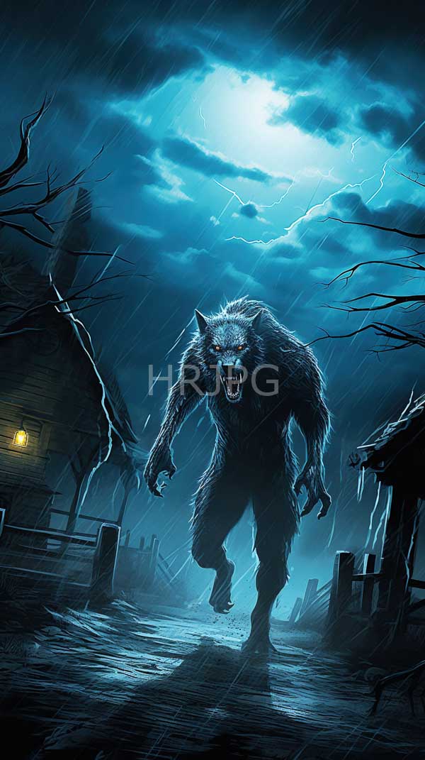 High Resolution: Intimidating snarling werewolf with glowing blue eyes and sharp claws stands in front of dilapidated wooden houses during heavy rain under a stormy moonlit sky download. | HRJPG.com
