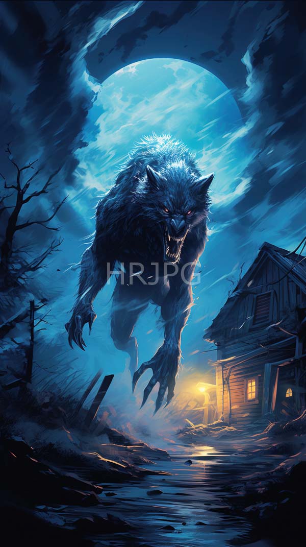 High Resolution: Intimidating snarling werewolf with glowing red eyes and sharp claws mid-leap towards a dilapidated wooden house under a full moon in dark blue skies filled with swirling clouds download. | HRJPG.com