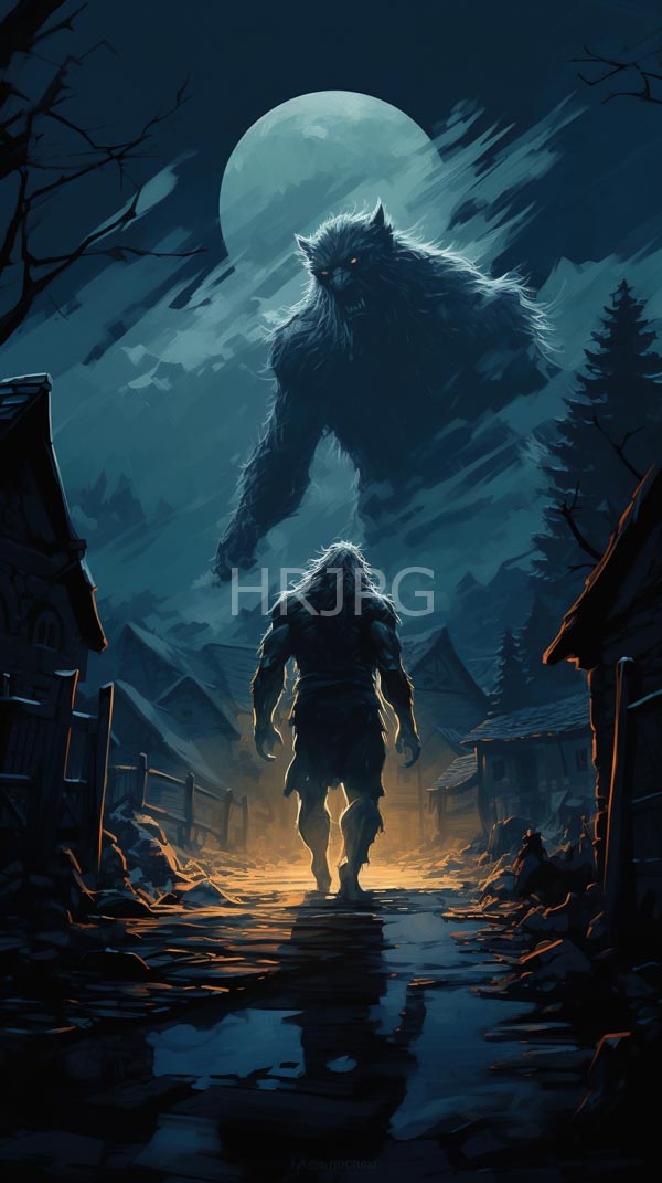 High Resolution: Muscular wolf-like humanoid with long hair and fur stands in an abandoned village at night under full moonlight silhouetted against glowing orange light on a wet ground path download. | HRJPG.com