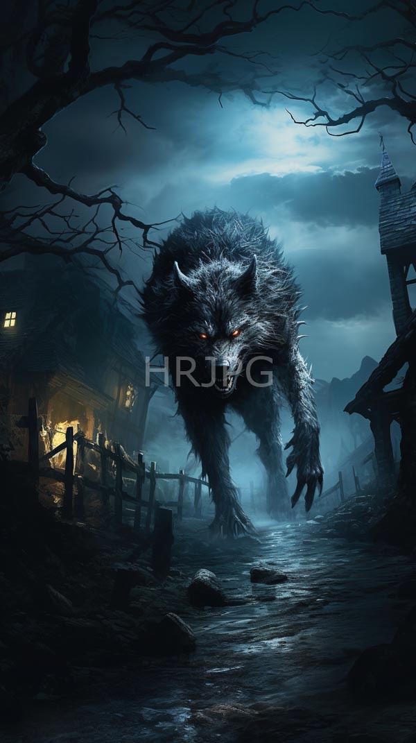 High Resolution: Intimidating muscular werewolf with glowing orange eyes and sharp claws striding menacingly down a foggy village street at night under a moonlit sky download. | HRJPG.com