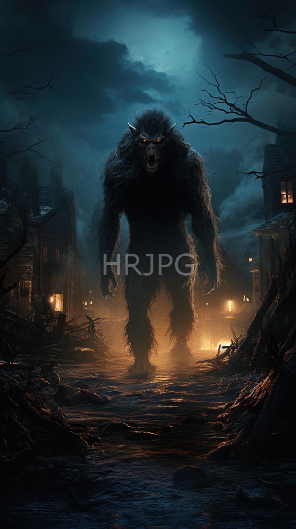 High Resolution: Intimidating muscular werewolf with dark fur and glowing red eyes stands in a foggy village street at night under moonlight clouds with leafless trees framing dim-lit wooden houses download. | HRJPG.com