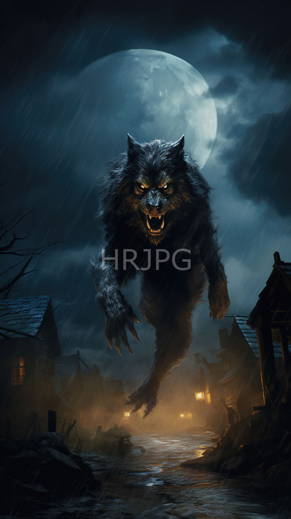High Resolution: Intimidating snarling werewolf with glowing yellow eyes and sharp claws mid-leap towards a village under heavy rain at night with a full moon illuminating dark clouds download. | HRJPG.com