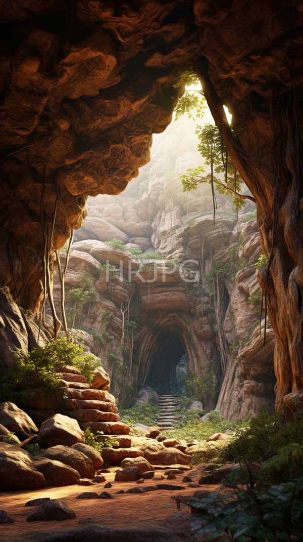 High Resolution: Ancient sunlit cave entrance with rugged brown rock walls and lush greenery climbing them with sunlight filtering through trees above casting dappled light on a rocky path download. | HRJPG.com