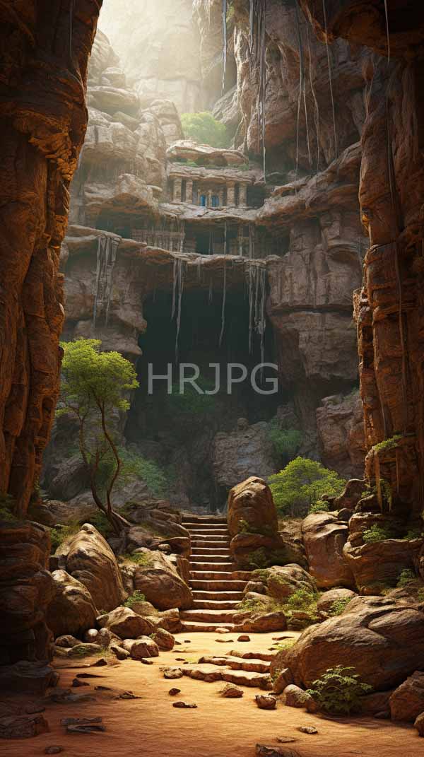 High Resolution: Ancient rocky canyon with steep cliffs and cascading waterfalls leading to lush greenery stone steps ascend through the center towards elevated ruins with blue-tinted windows download. | HRJPG.com