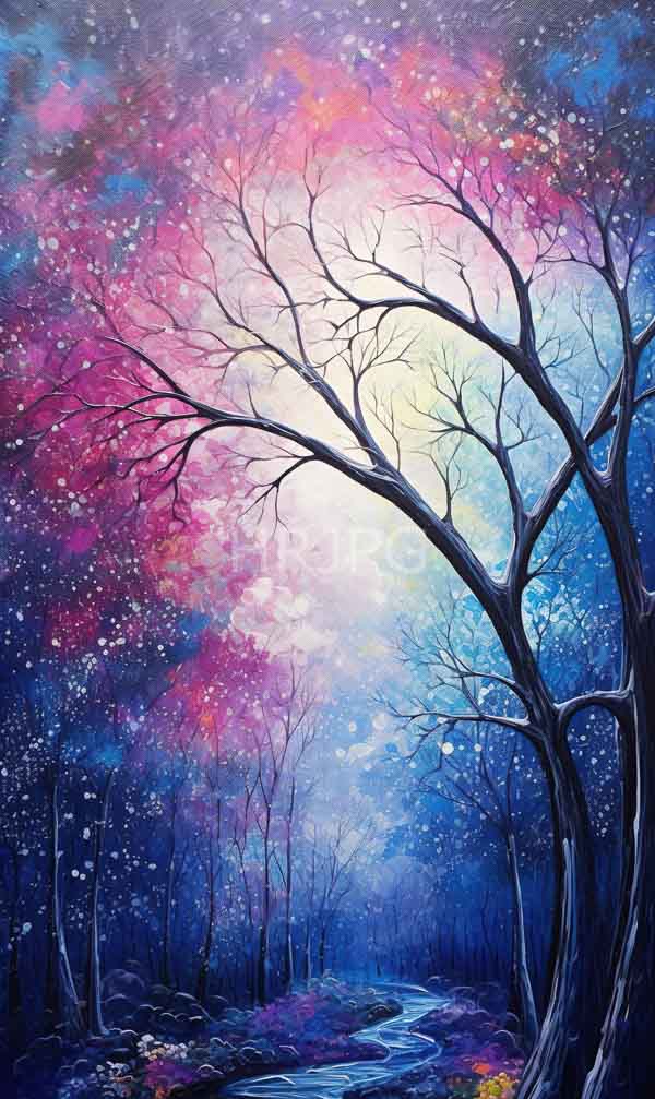 High Resolution: Vibrant painting depicts an enchanting winter forest at night with bare trees silhouetted against a colorful sky blending pink and purple hues with white snowflakes falling gently download. | HRJPG.com