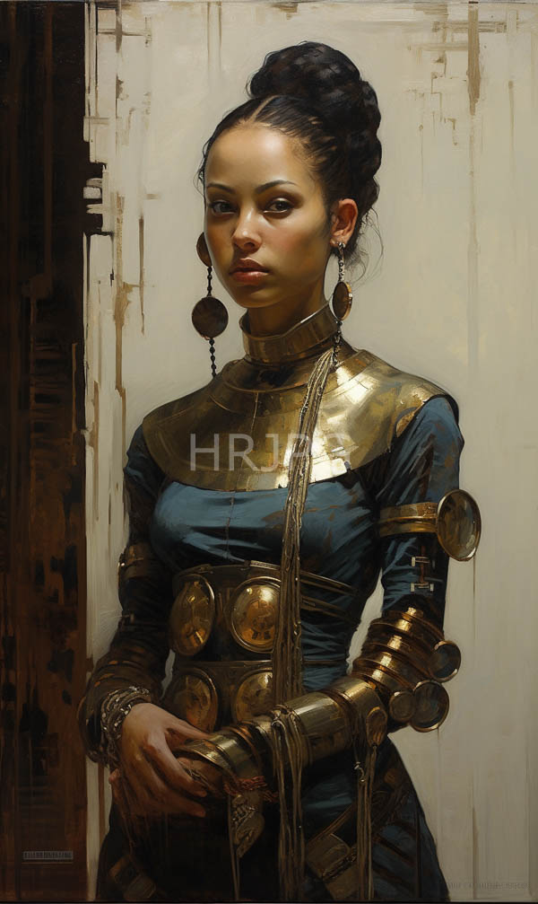 High Resolution: Elegant dark-skinned woman with black hair in a bun wears ancient Egyptian-inspired attire featuring gold armor and a blue dress and large circular earrings against a weathered white background download. | HRJPG.com