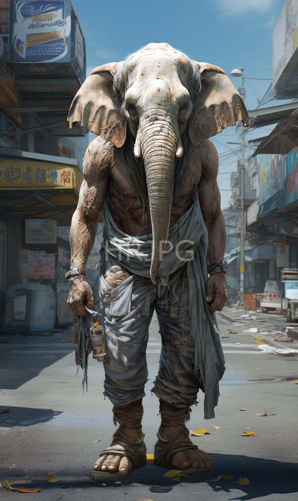 High Resolution: Anthropomorphic muscular elephant-man standing in a bustling urban street market with Asian signage and buildings with wrinkled gray skin and a long trunk wearing tattered blue-gray cloth download. | HRJPG.com