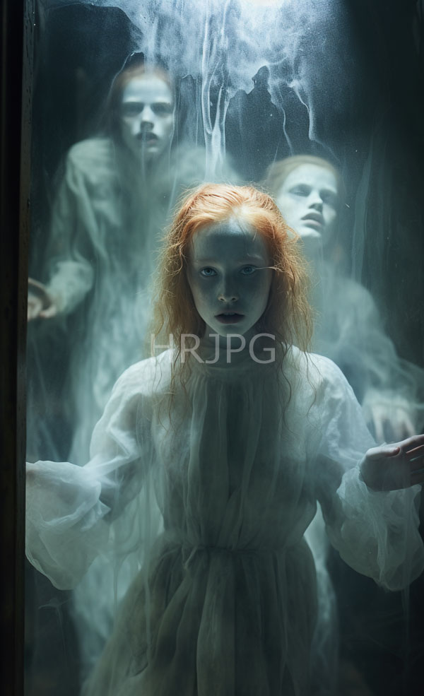 High Resolution: Three pale ghost-like figures with eerie expressions behind fogged glass a central ethereal red-haired woman in a translucent white dress surrounded by two shadowy male apparitions download. | HRJPG.com