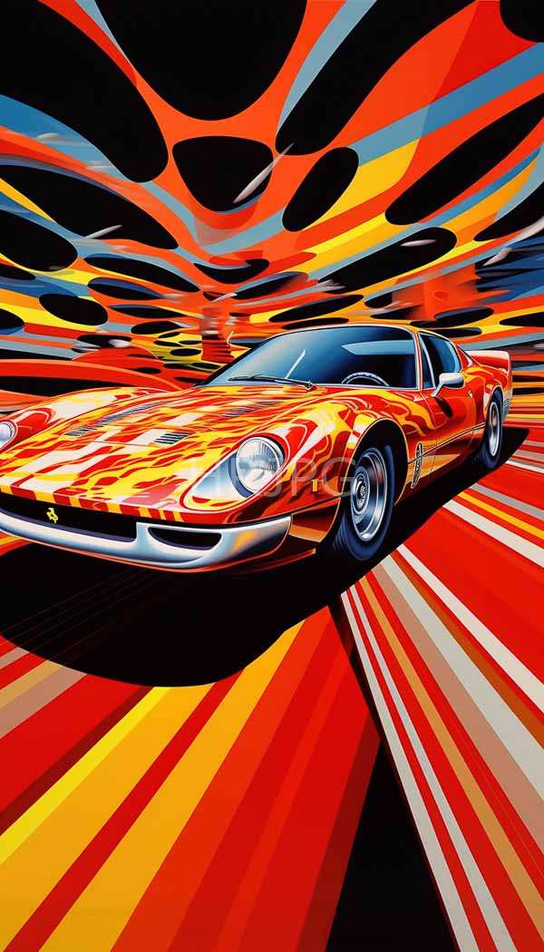 High Resolution: Orange flame-patterned sports car with sleek curves and chrome accents speeding forward against a vibrant red-orange-black background featuring dynamic flames radiating from all directions download. | HRJPG.com