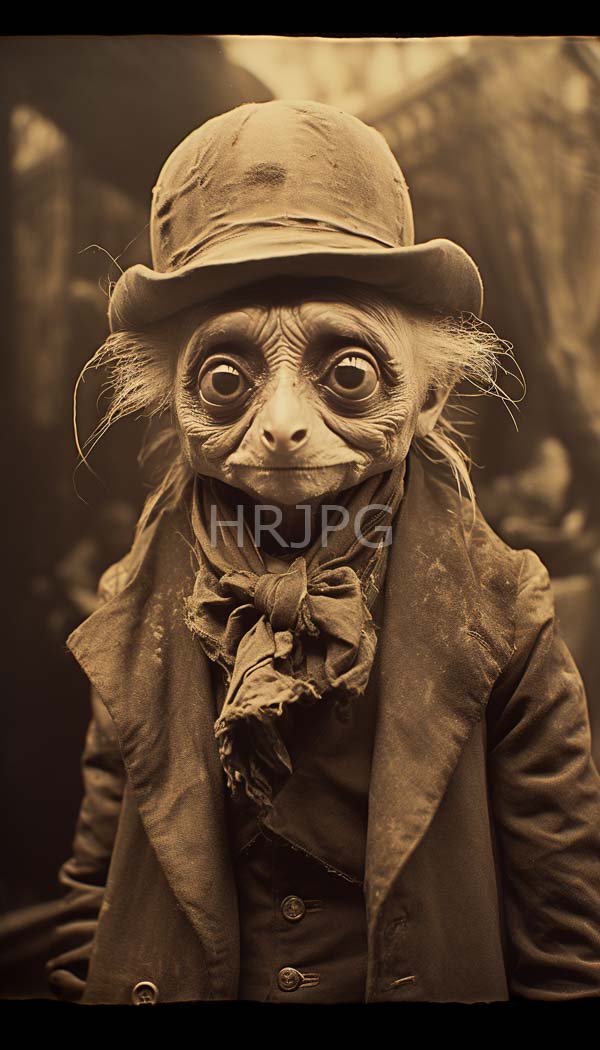 High Resolution: Sepia-toned photograph of an aged humanoid monkey with large expressive eyes and a wrinkled face wearing tattered clothing including a bowtie under a worn coat jacket and a battered hat download. | HRJPG.com