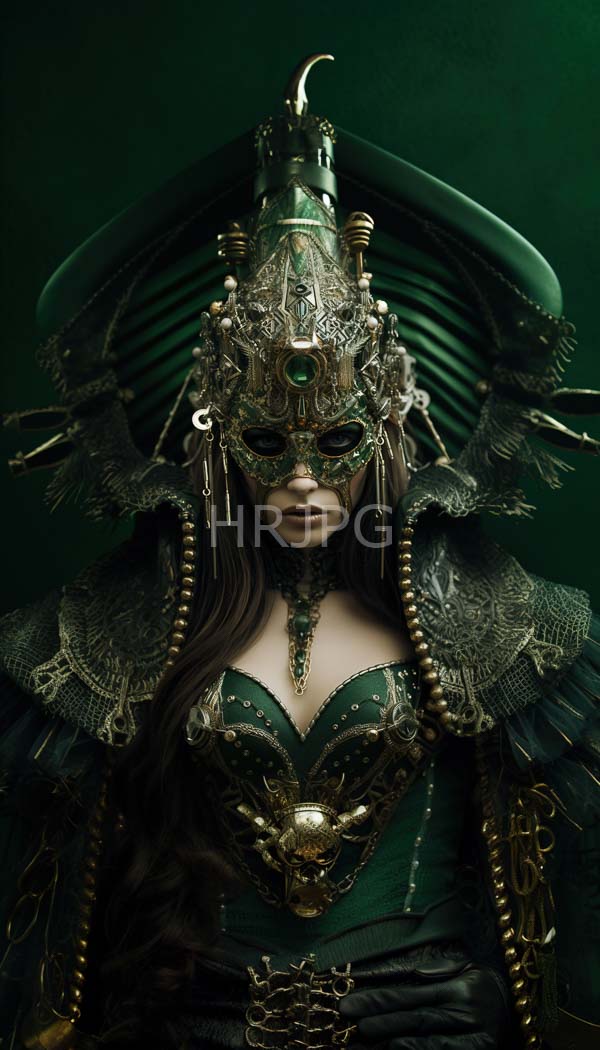 High Resolution: Photorealistic enigmatic woman with pale skin wears intricate green and gold medieval-inspired armor adorned with feathers and metallic details on her headpiece download. | HRJPG.com