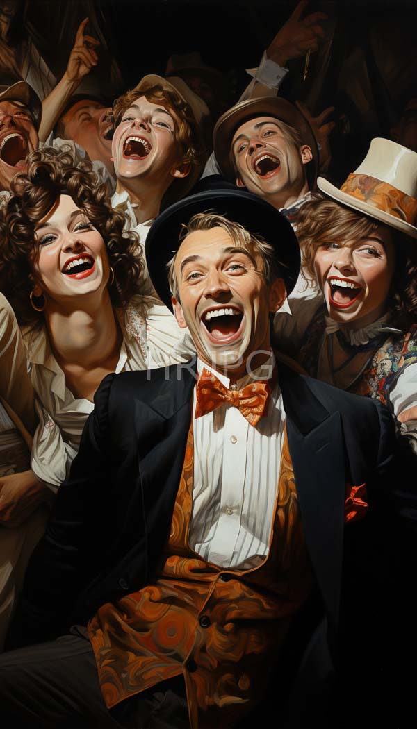High Resolution: Six joyous laughing people in Victorian attire a central blonde man with a black hat and orange bow tie wearing an ornate vest against a dark background download. | HRJPG.com