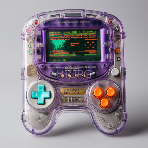 High Resolution: Futuristic transparent purple game controller with a teal directional pad and orange circular buttons displaying green Russian text on a central screen download. | HRJPG.com