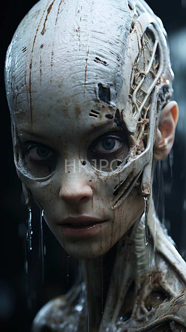 High Resolution: Eerie pale-skinned humanoid with exposed skeletal features and dripping metallic elements on its head and neck with large blue intense eyes download. | HRJPG.com