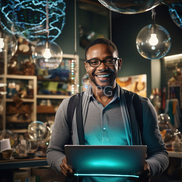 High Resolution: African-American man with glasses and a beard smiles while holding a glowing laptop inside a cozy cafe adorned with glass bulbs and blue neon art download. | HRJPG.com
