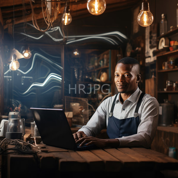 High Resolution: African-American male barista typing on a laptop at a rustic wooden table in a dim-lit cafe with warm hanging bulbs illuminating his focused expression download. | HRJPG.com