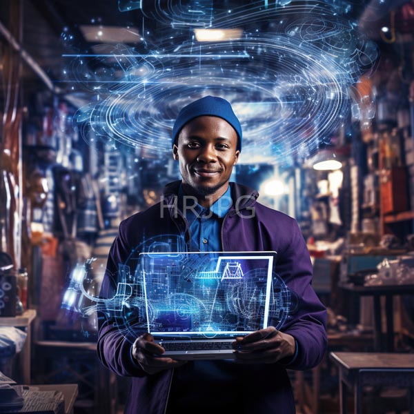 High Resolution: African-American man with dark skin wearing a blue beanie and purple jacket holds up a laptop displaying futuristic digital holograms in a cluttered workshop download. | HRJPG.com