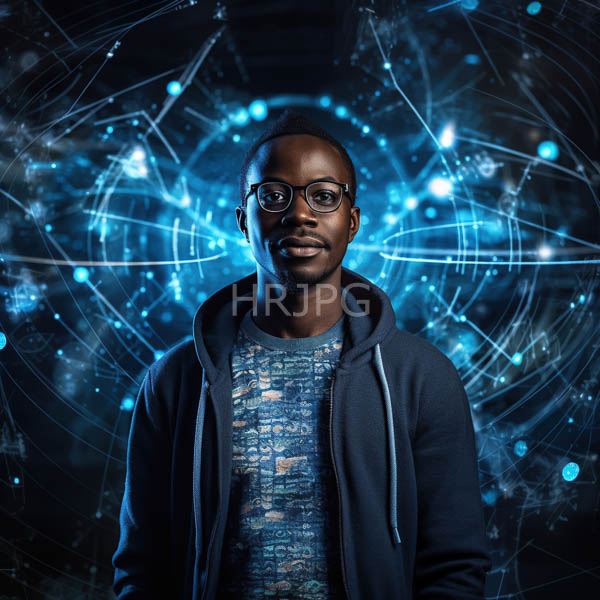 High Resolution: African-American man with dark skin wears glasses and a patterned shirt under a navy hoodie against a vibrant digital abstract background download. | HRJPG.com