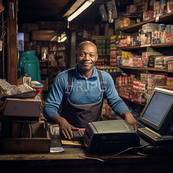 High Resolution: African-American male store owner with a bald head wears a blue long-sleeve shirt under a black apron standing behind a cluttered wooden counter in a dim-lit shop download. | HRJPG.com